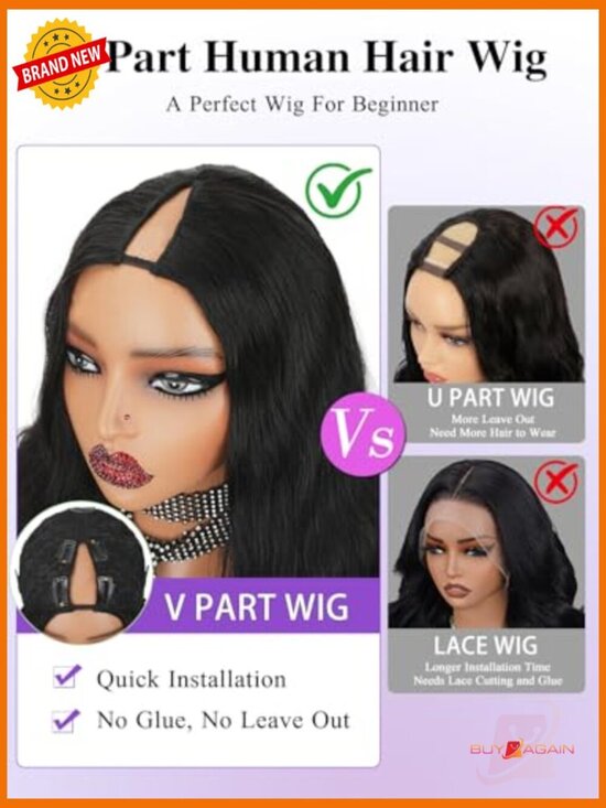 200% Density V Part Wig Human Hair Body Wave No Glue Drawstring main image 5